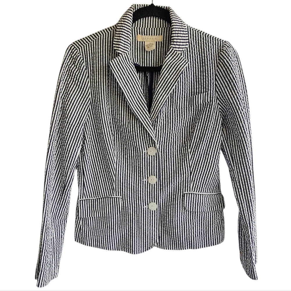 Sandro Seersucker Stripe Summer Blazer Womens Size S 100% Cotton Preppy Academia - Picture 2 of 15